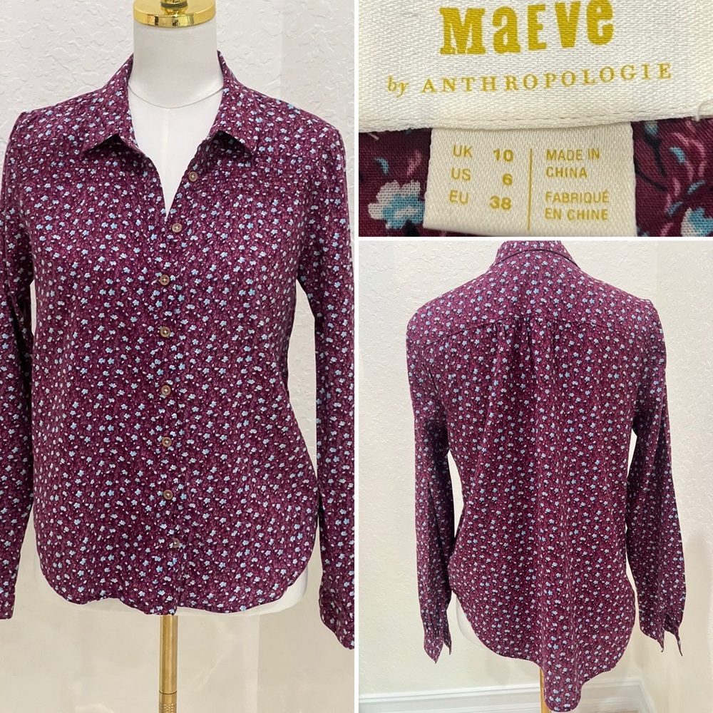 Maeve By Anthropologie Women's Burgundy Floral Blouse Size 6